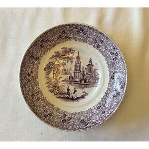 Antique England Mulberry Purple Transferware Bowl Saucer Church Countryside Flor